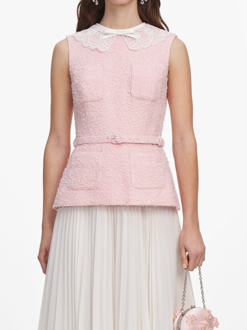 NWOT Self-Portrait PINK BOUCLE LACE COLLAR MIDI DRESS - Picture 2 of 6
